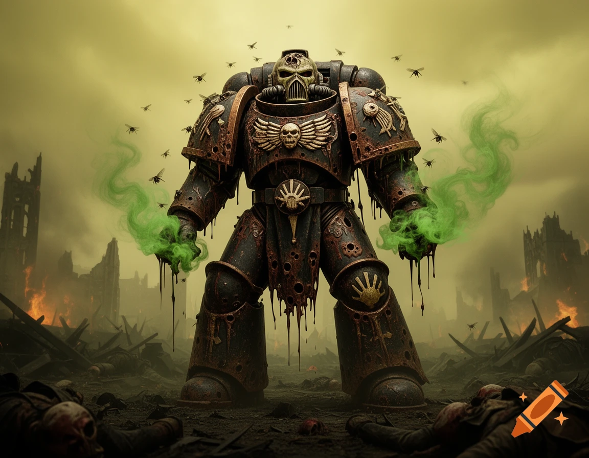 A heavily armored, rusted Plague Marine with green smoke emanating from its gauntlets, surrounded by flies, in a desolate, war-torn city with dead bodies on the ground.