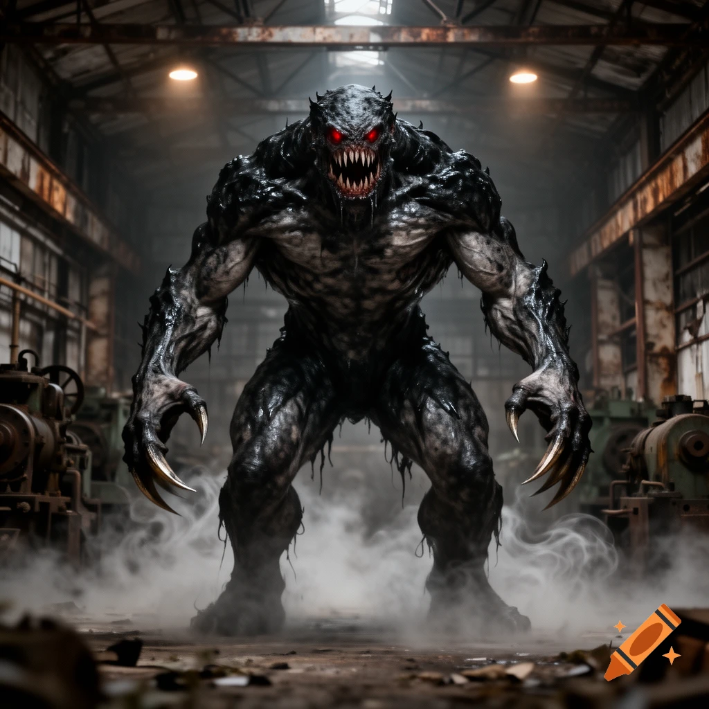 A terrifying, large black monster with glowing red eyes, sharp teeth, and long claws stands in a dimly lit, dusty industrial warehouse with smoke.