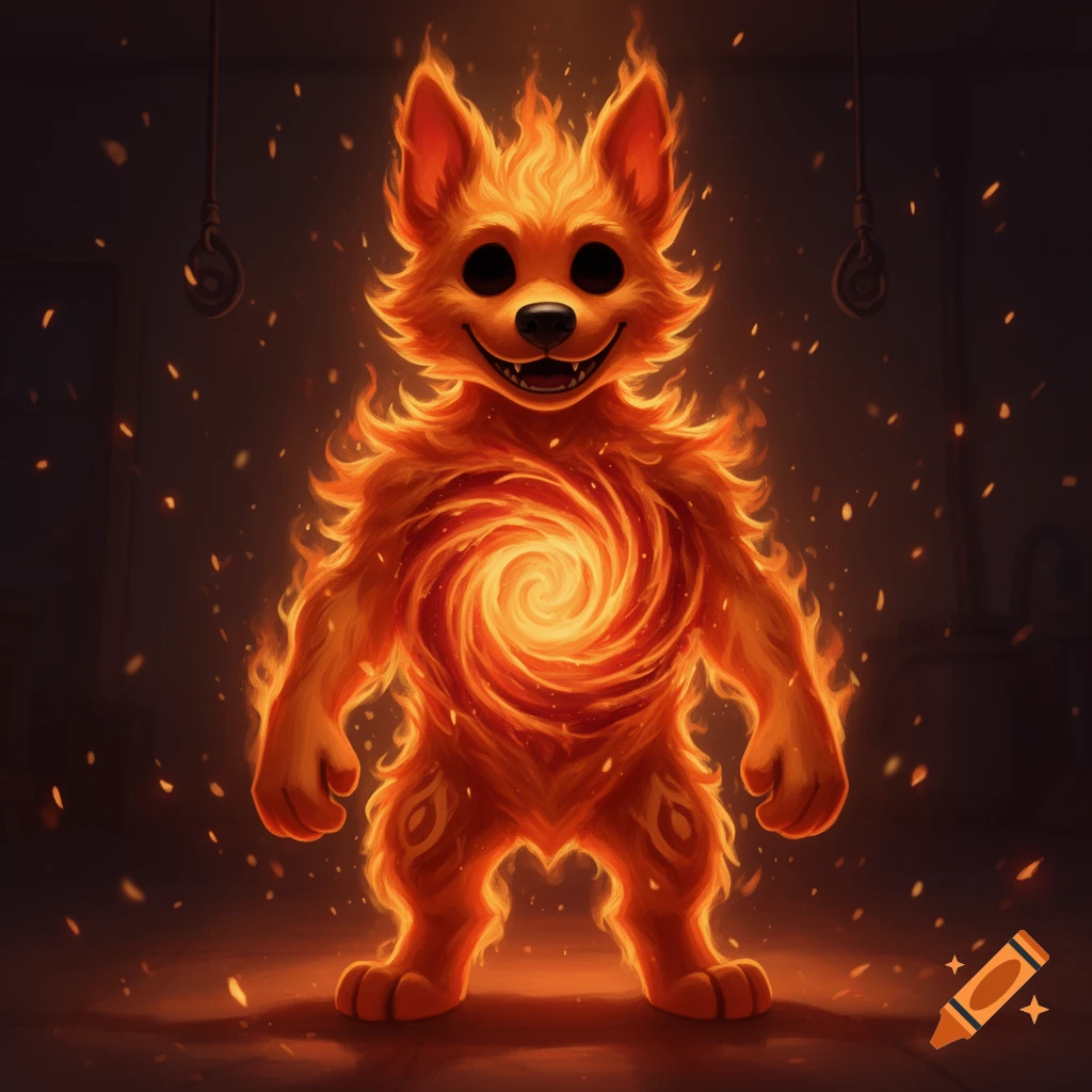A smiling anthropomorphic fire dog with a swirling vortex of orange and crimson energy in its chest stands in a dark room.