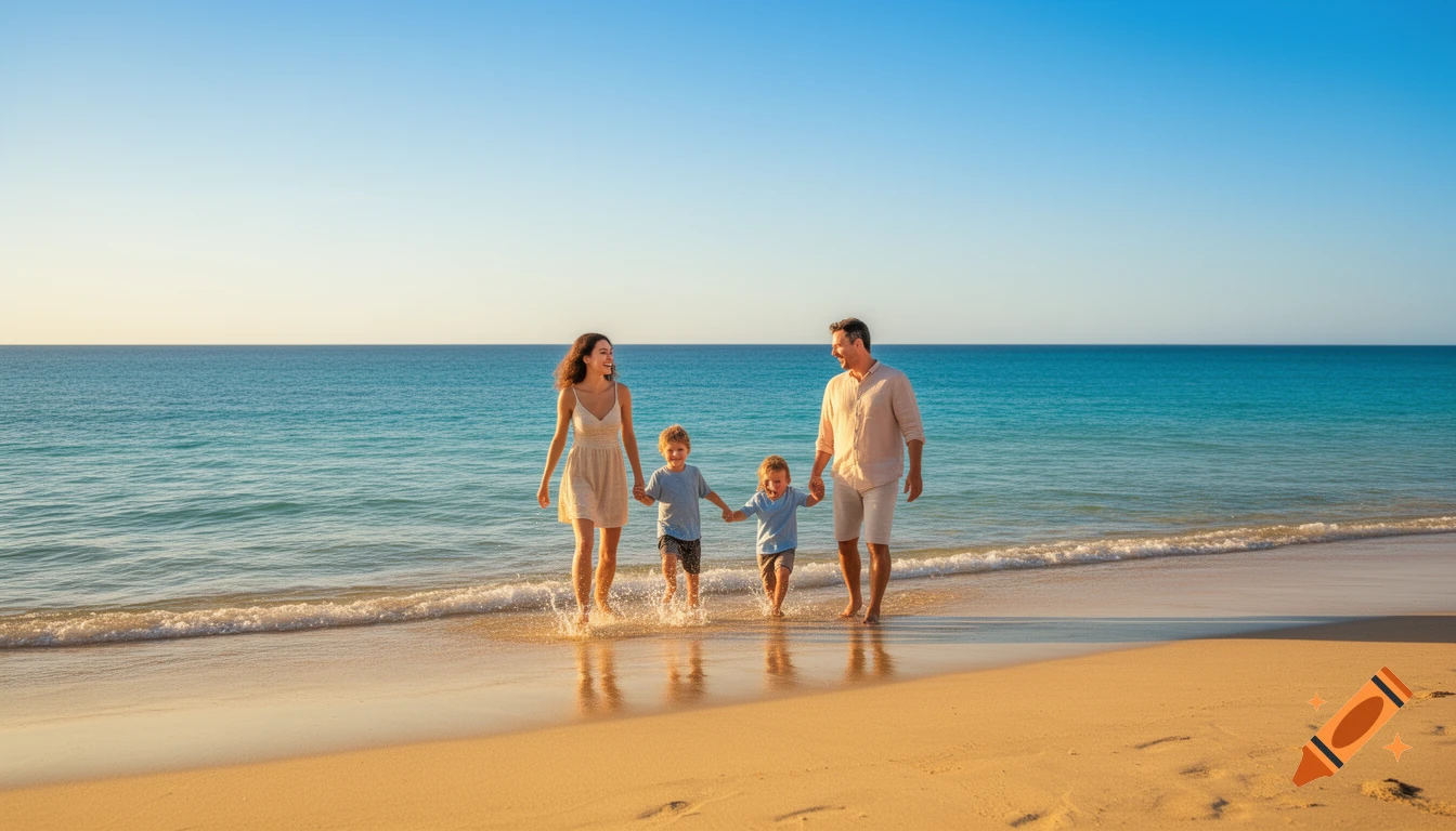 A smiling family of four, parents and two young boys, holding hands and walking in the shallow ocean water on a sandy beach.