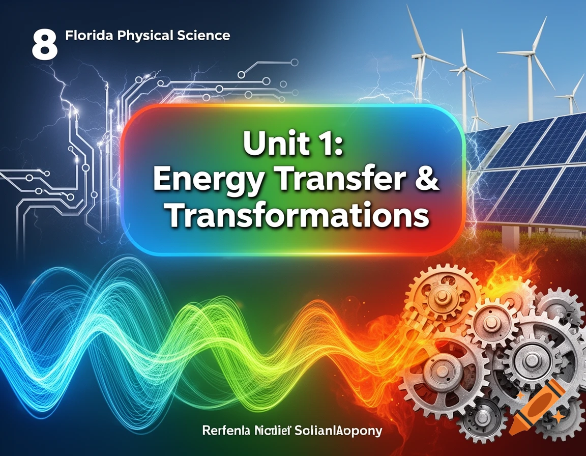 Educational cover for 'Energy Transfer & Transformations' with wind turbines, solar panels, gears, circuit, and colorful energy waves.