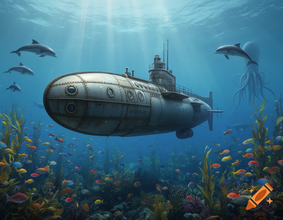 A vintage-style submarine explores a vibrant underwater world with colorful fish, dolphins, kelp, and a giant squid, bathed in sunlight.