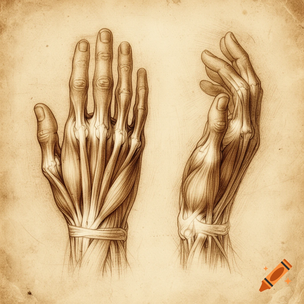 Anatomical drawing of human hands, front and side view, showing muscles and bones, in Leonardo da Vinci's style on aged paper.