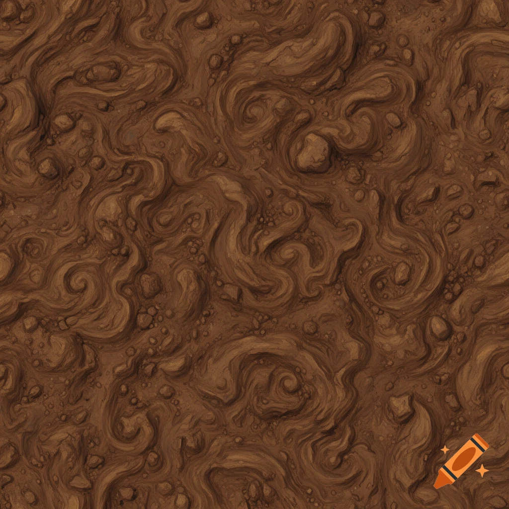 A seamless, stylized, hand-painted brown dirt texture with swirling patterns and small pebbles.