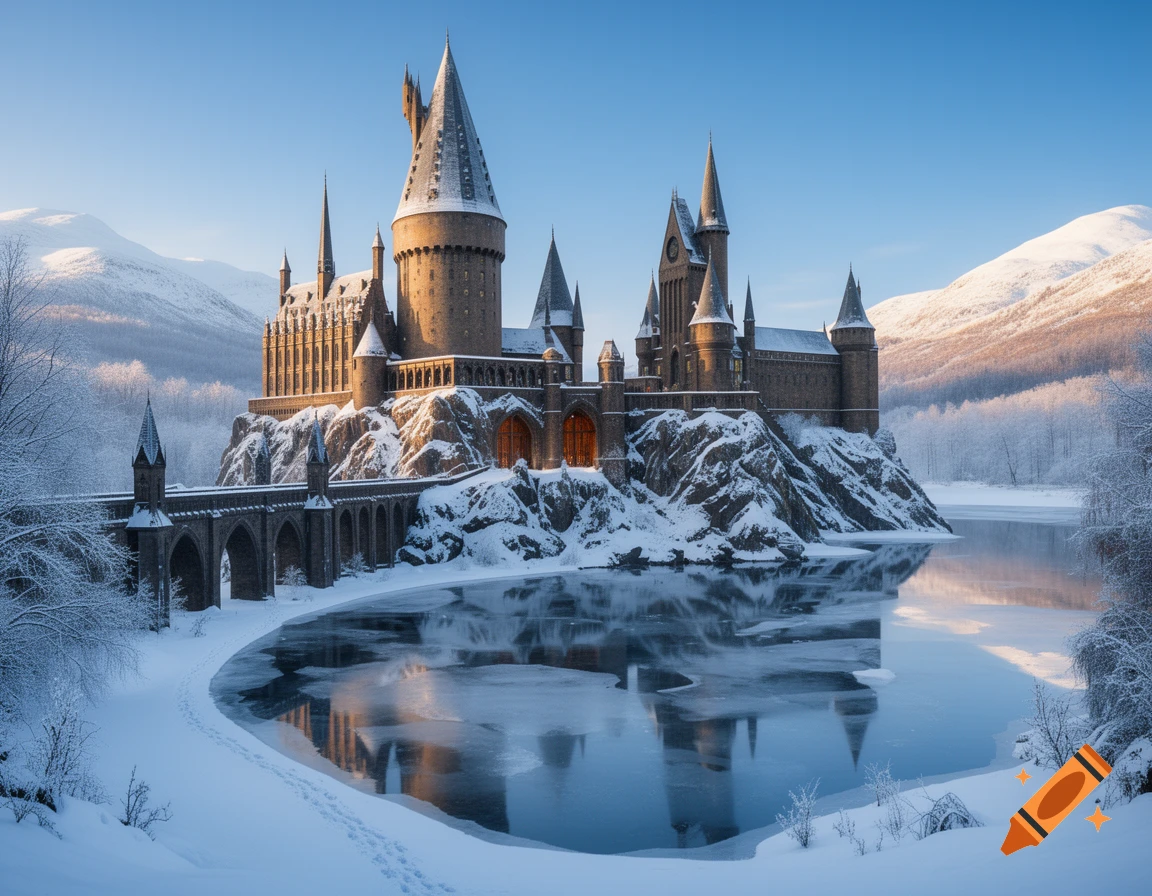 Photorealistic Hogwarts castle on a snow-covered cliff above a partially frozen lake in a sunny winter landscape.