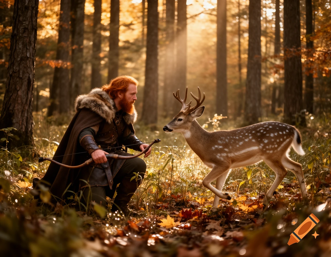 A red-bearded man in a fur-trimmed cloak kneels with a bow, facing a spotted deer in a sunlit autumn forest.