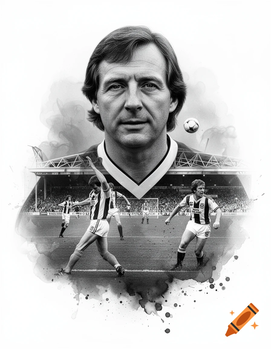 Black and white editorial portrait of Kevin Keegan superimposed over a vintage soccer match at St James Park, with watercolor effects.