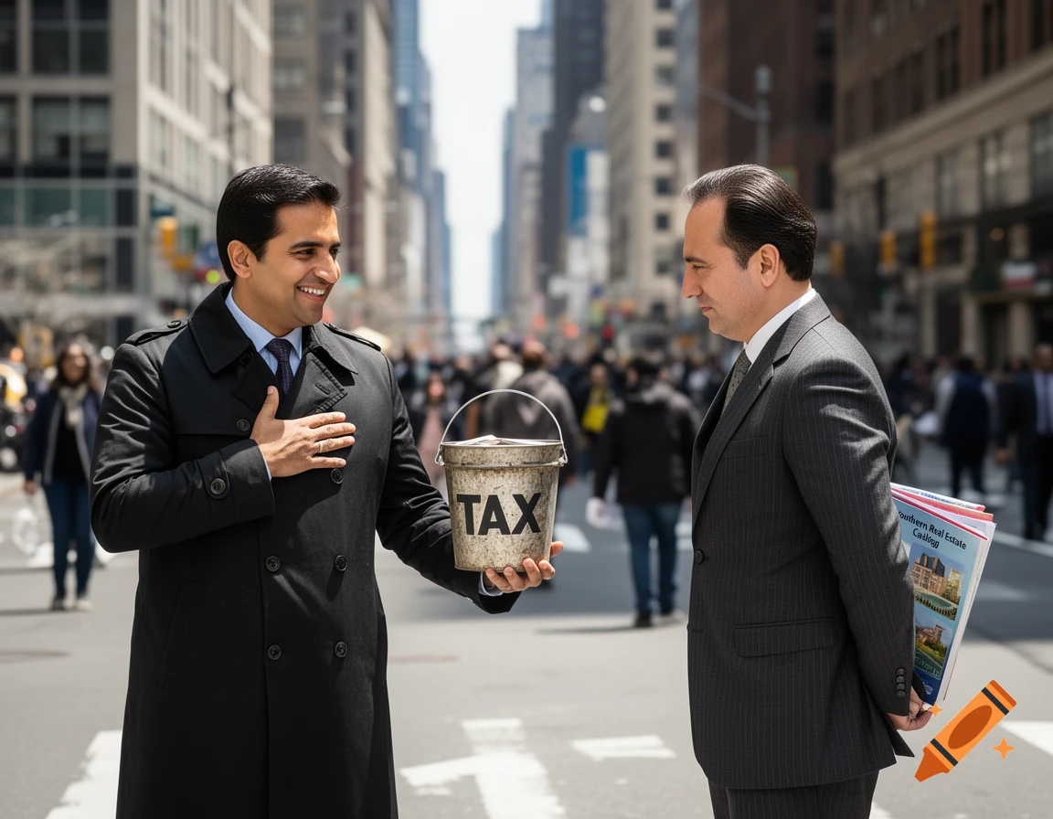 A smiling man in a black trench coat holds a bucket labeled "TAX" towards a businessman in a suit who hides a "Southern Real Estate" catalog behind his back on a city street. Photorealistic style.