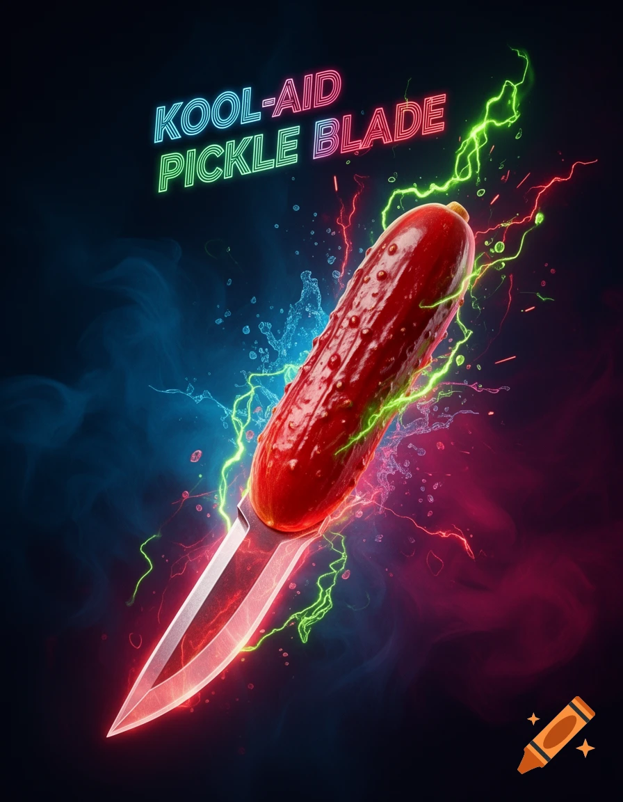 A red pickle blade with a glowing edge, surrounded by neon lightning and colorful smoke against a dark background, with "KOOL-AID PICKLE BLADE" text.