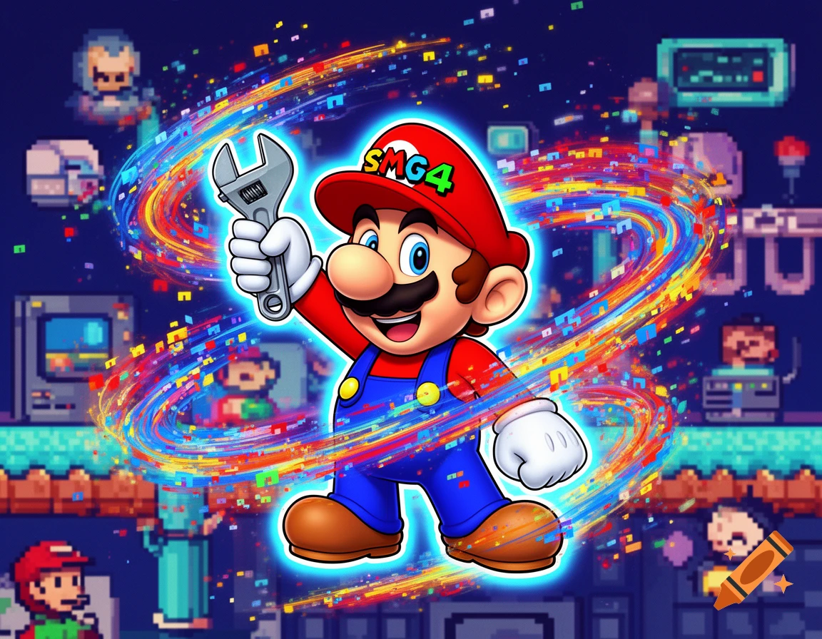 A vibrant cartoon Mario in blue overalls and a red cap with "SMG4" text, holding a wrench, is surrounded by swirling colorful pixel trails against a pixelated video game background.