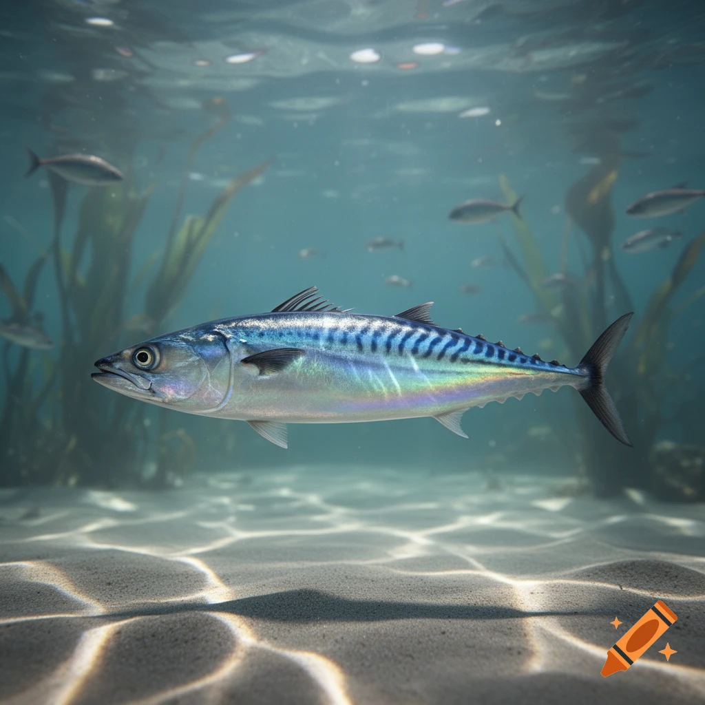 A photorealistic mackerel swims above a sandy ocean floor with dappled sunlight and underwater plants in the background.