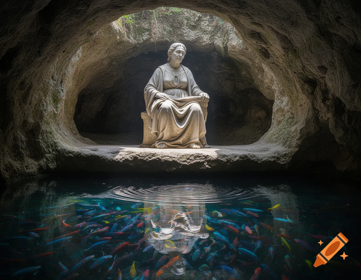 Photorealistic image of a stone statue of an elderly woman sitting in a cave above a pool of water filled with colorful fish.