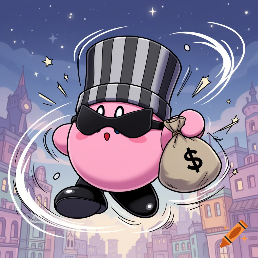 Cartoon Kirby as a burglar in a striped top hat and mask, carrying a money sack, floating above a city at night.