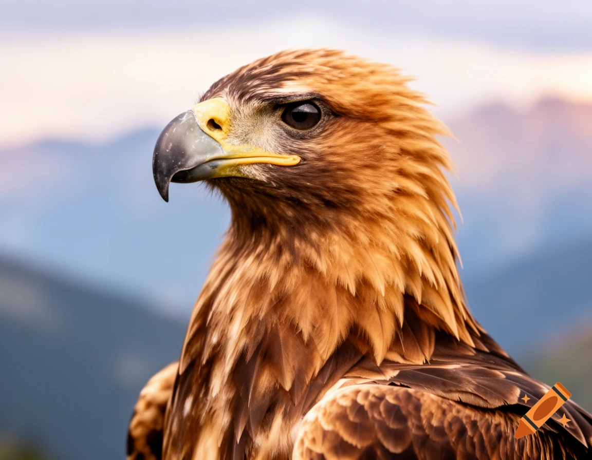 Close-up, photorealistic portrait of a golden eagle's head looking to the side against a blurred mountain background.