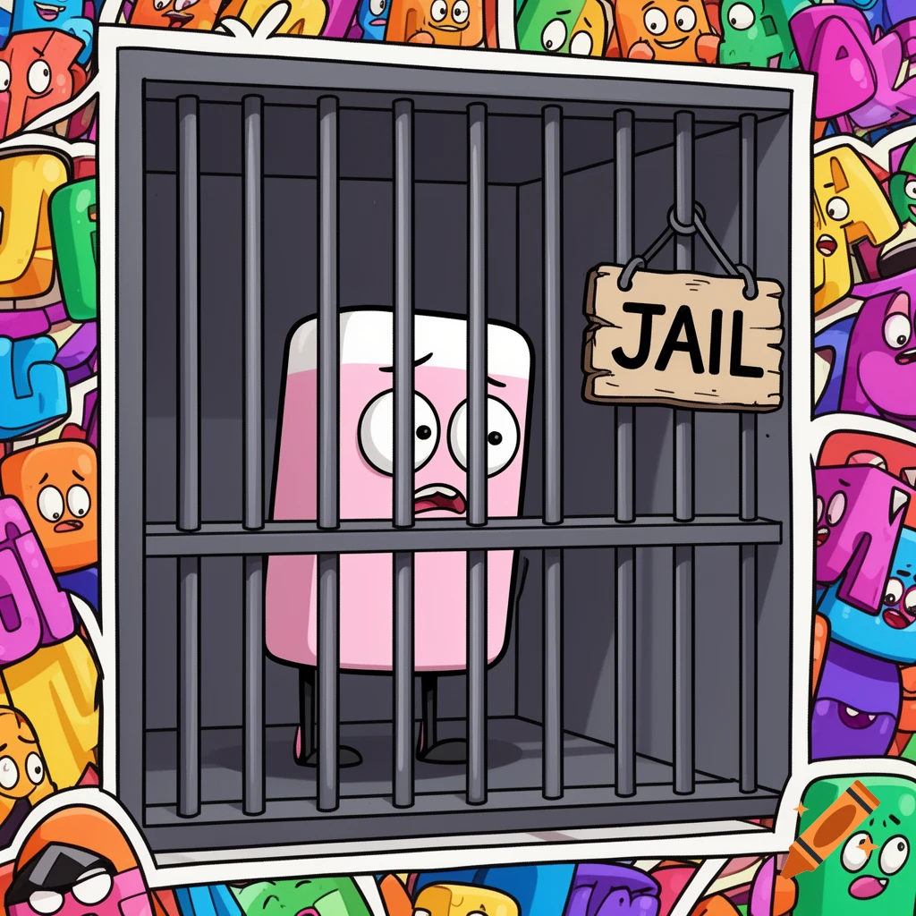 Cartoon pink eraser character in a jail cell with a 'JAIL' sign, looking distressed, surrounded by colorful, anthropomorphic letters.