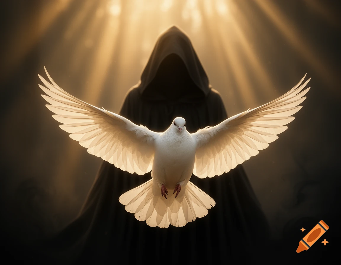 A glowing white dove with outstretched wings flies in front of a dark, hooded figure bathed in golden light rays.