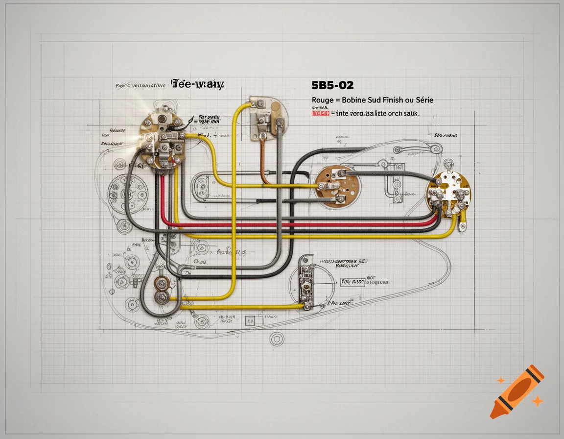 Detailed wiring diagram for a guitar, showing colored wires, electronic components, and a mix of legible and illegible text on a grid background.