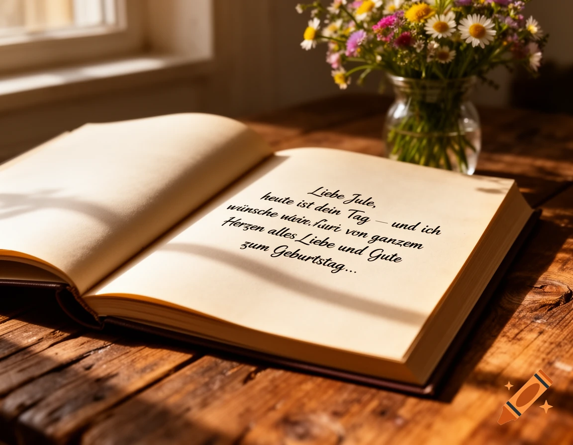 An open book with a handwritten birthday message in German on a wooden table, next to a vase of wildflowers, bathed in warm sunlight.