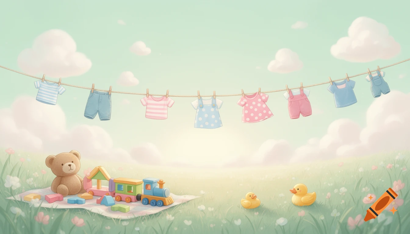 Pastel illustration of baby clothes on a line, a teddy bear with toy blocks and a train, and rubber ducks in a grassy field.