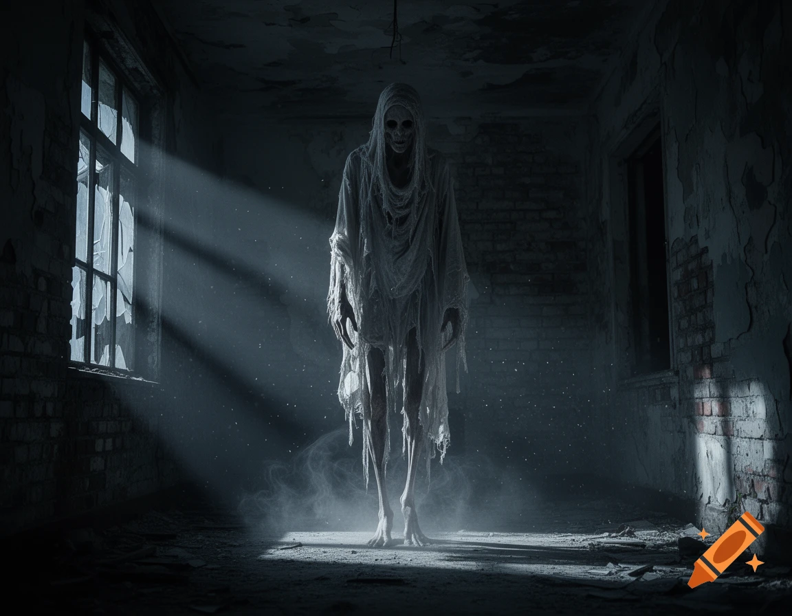 A gaunt, skeletal ghost in tattered white cloth stands in a dark, ruined room illuminated by a beam of light from a broken window.