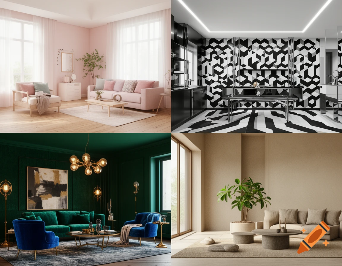 A four-panel image with different interior designs: a pink living room, a black and white geometric room, a green velvet room, and a minimalist beige space.