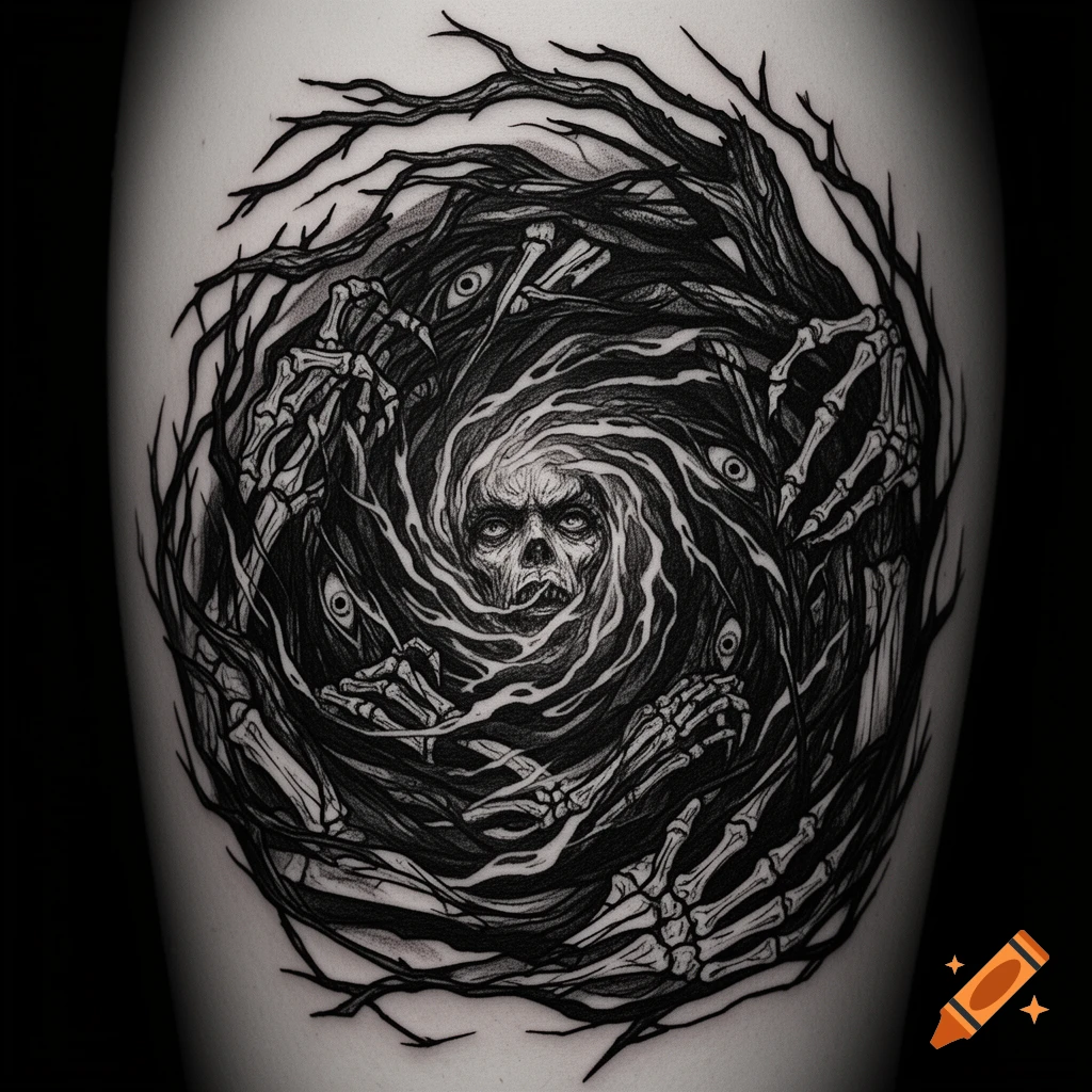 A black and white horror tattoo design featuring a skull in the center of a swirling vortex of gnarled branches, skeleton hands, and multiple eyes.