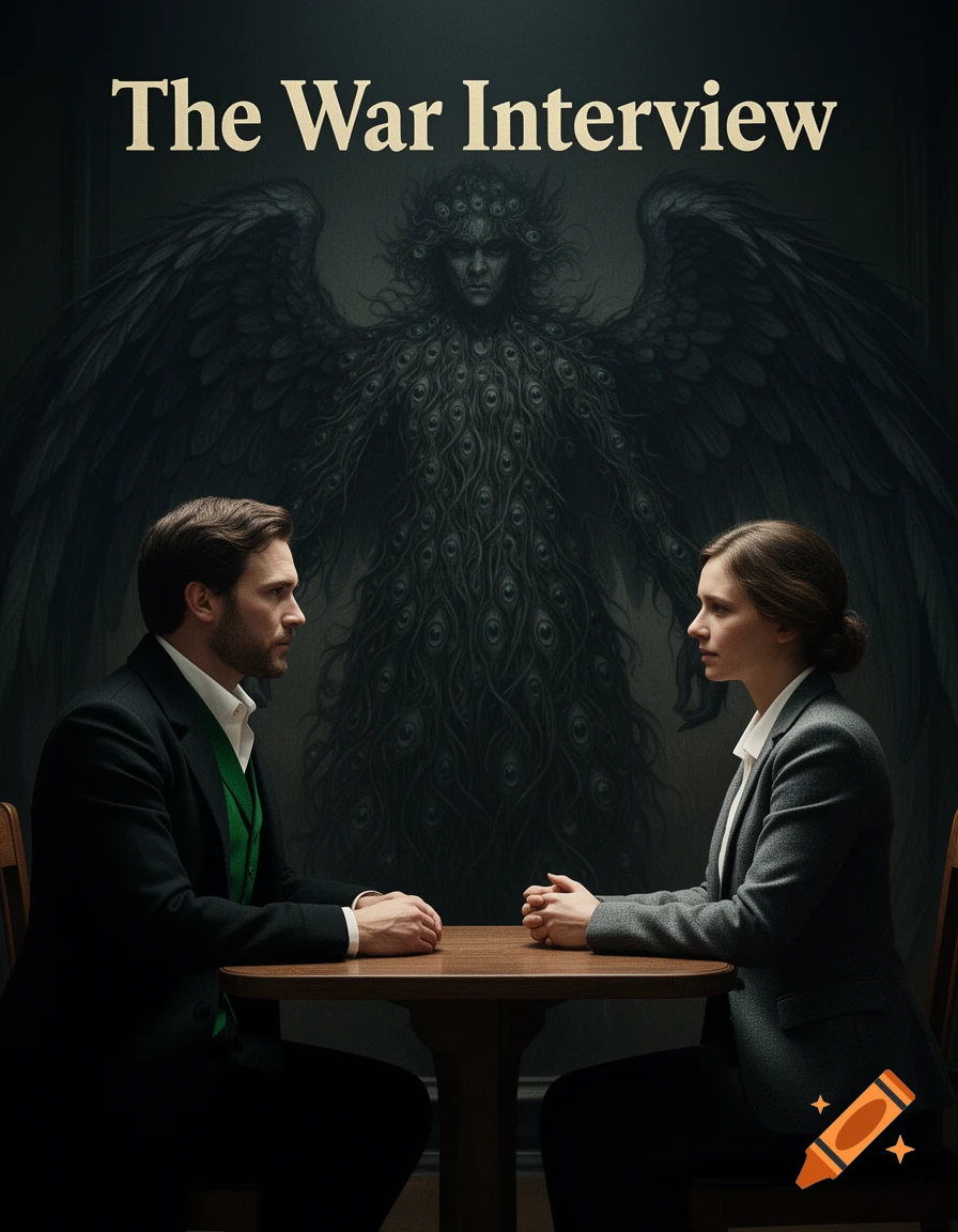 Movie poster for 'The War Interview' showing a man and woman at a table, with a dark, many-eyed winged creature on the wall behind them.