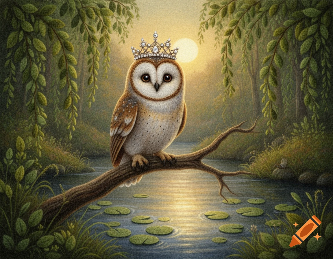 A cute felt art barn owl wearing a crown sits on a branch over a forest river with lily pads at sunset.