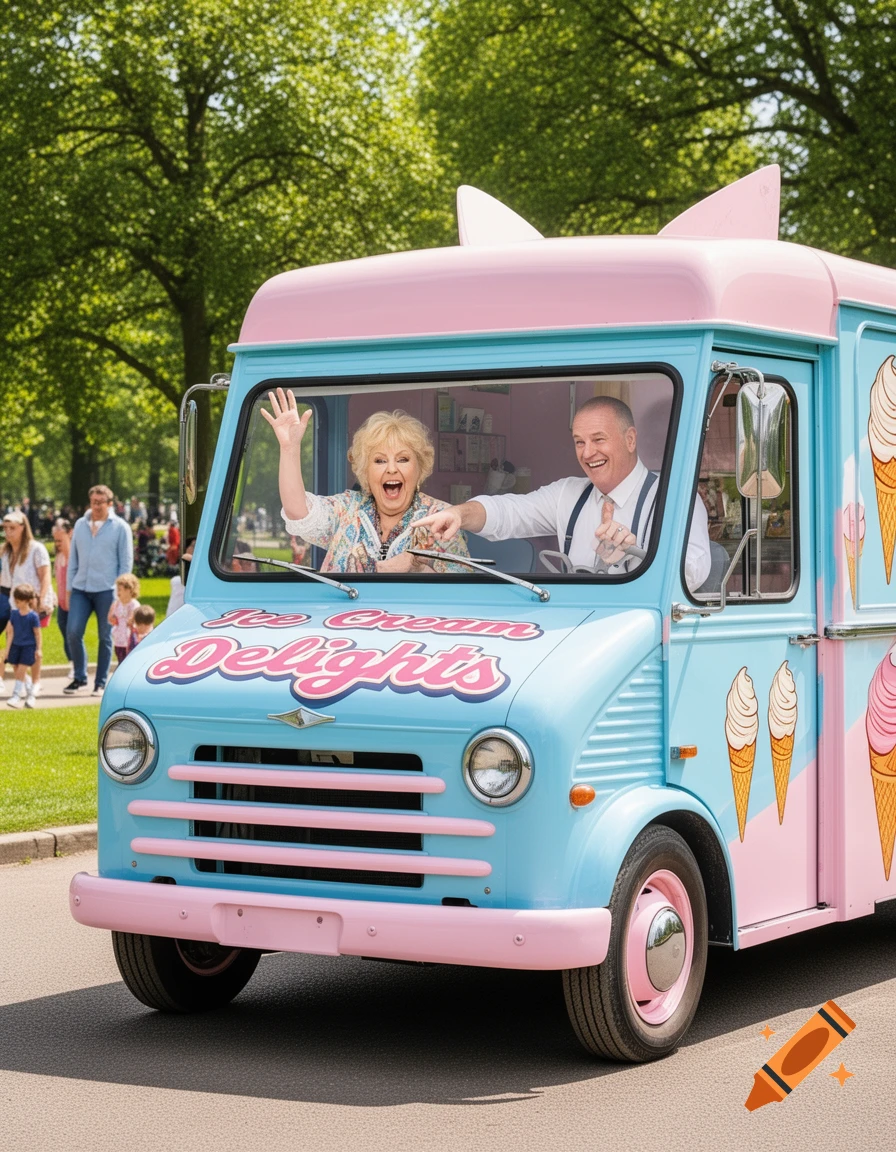 Sue Pollard and Jeffery Holland smiling and waving from a blue and pink retro ice cream truck with "Ice Cream Delights" written on the front, driving in a park.