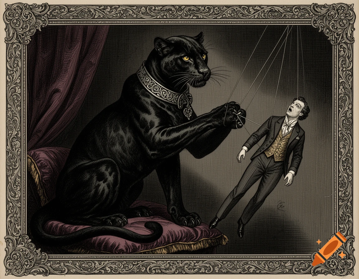 Victorian gothic engraving of a black panther puppet master controlling a fear-stricken man, ornate frame.