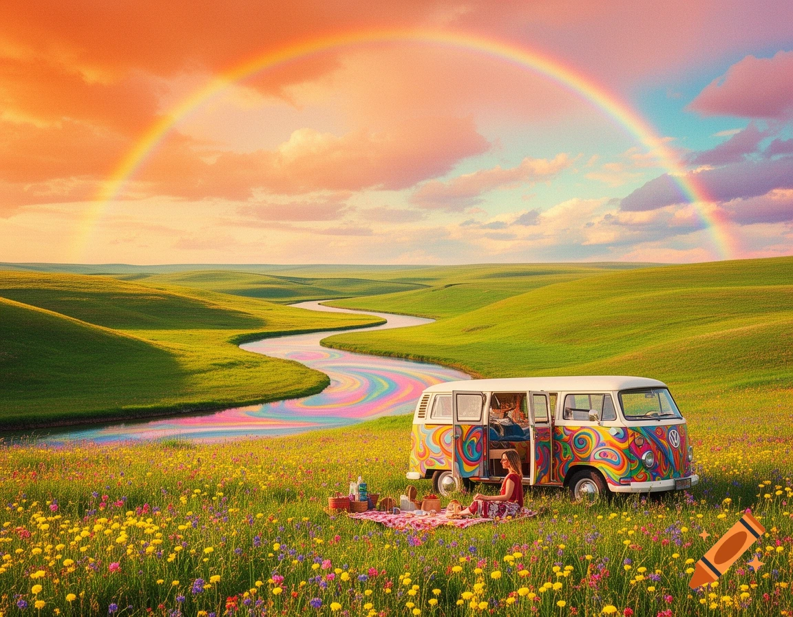 A vibrant rainbow stretches over rolling green hills with a colorful river. In the foreground, a groovy painted hippie van is parked in a wildflower meadow, with a person picnicking on a blanket beside it.