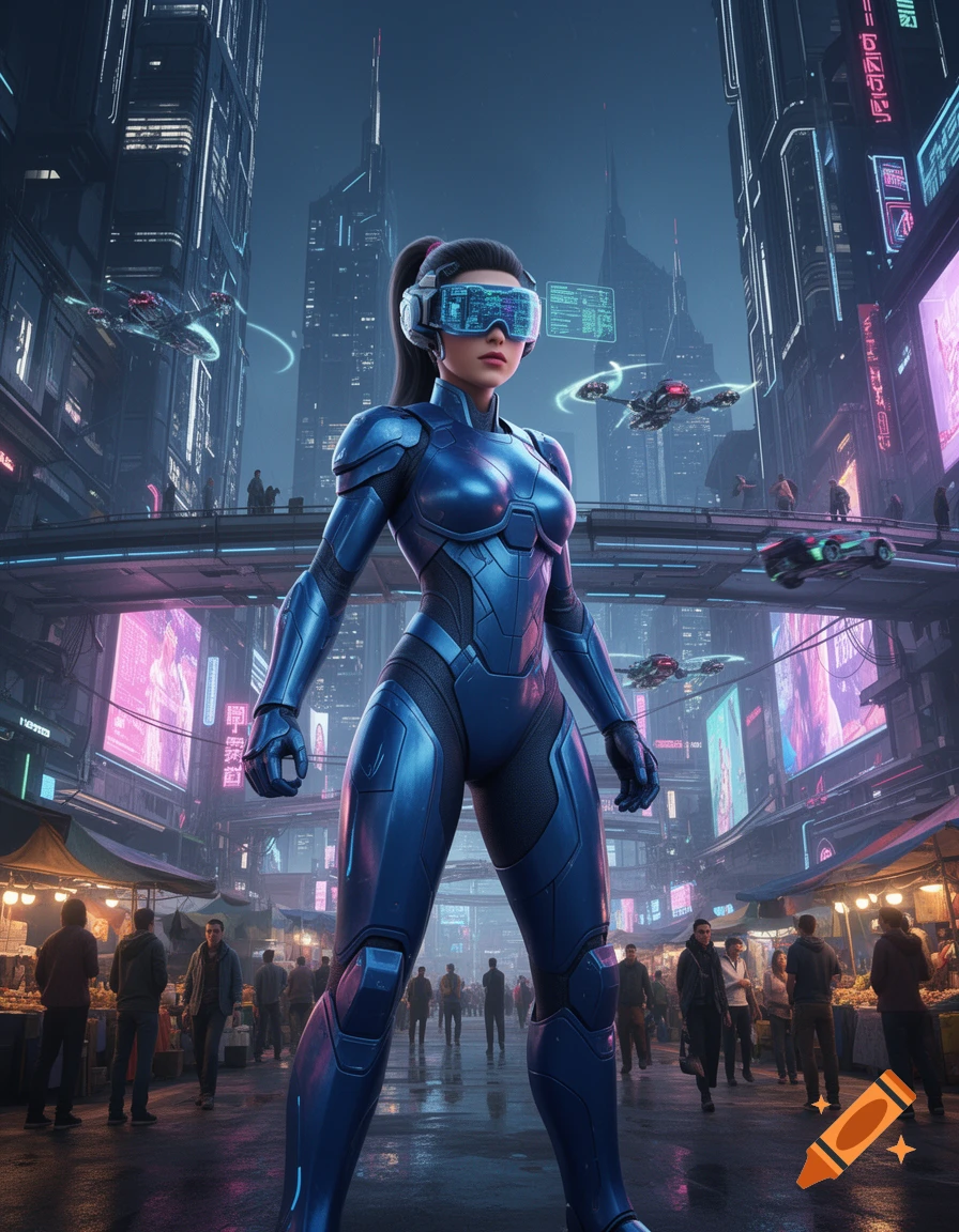 A woman in a metallic blue futuristic suit and VR headset stands confidently in a neon-lit cyberpunk city, with flying vehicles and bustling market stalls in the background.