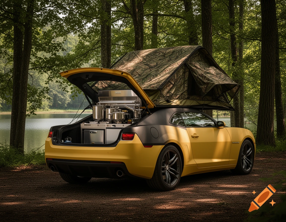 Yellow and matte black Chevrolet Camaro with trunk open revealing a kitchen, parked in a forest next to a lake with a rooftop tent deployed.