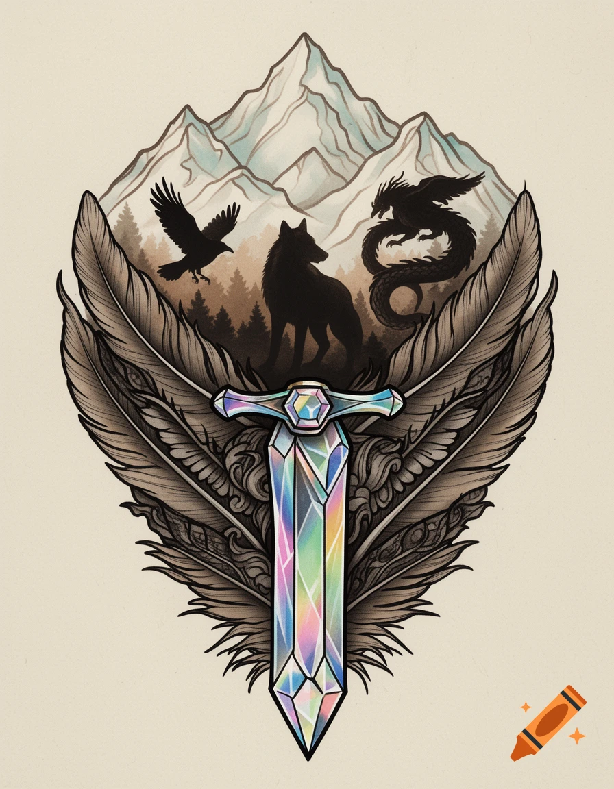 A neotraditional tattoo design featuring a rainbow crystal sword, mountains, and silhouettes of a wolf, raven, and dragon atop large feathers.