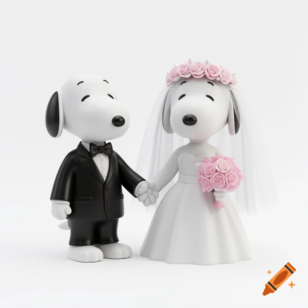 Two 3D rendered Snoopy-like figures getting married, holding hands. One wears a tuxedo, the other a wedding dress with a veil and pink bouquet.