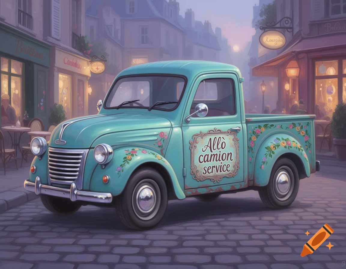 A vintage teal pickup truck with floral decorations and "Allô camion service" painted on its side, parked on a cobblestone street in a European city scene at dusk.