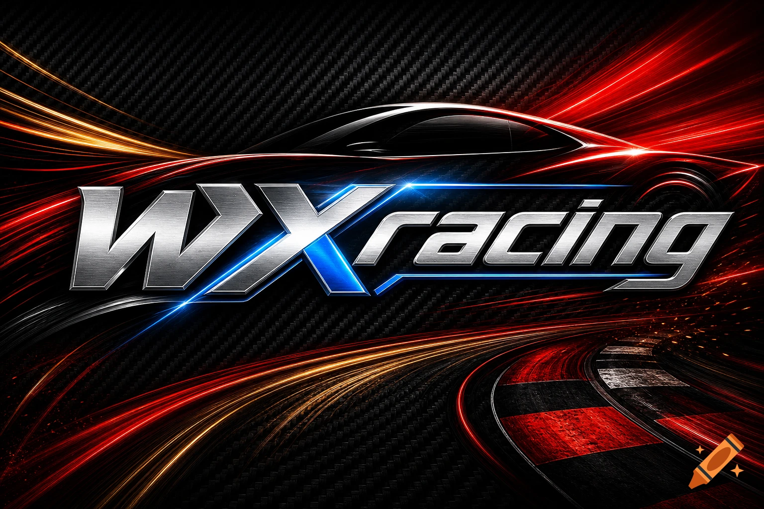 Metallic WXRacing logo with a red sports car silhouette, dynamic light trails, and racing track on a carbon fiber background.
