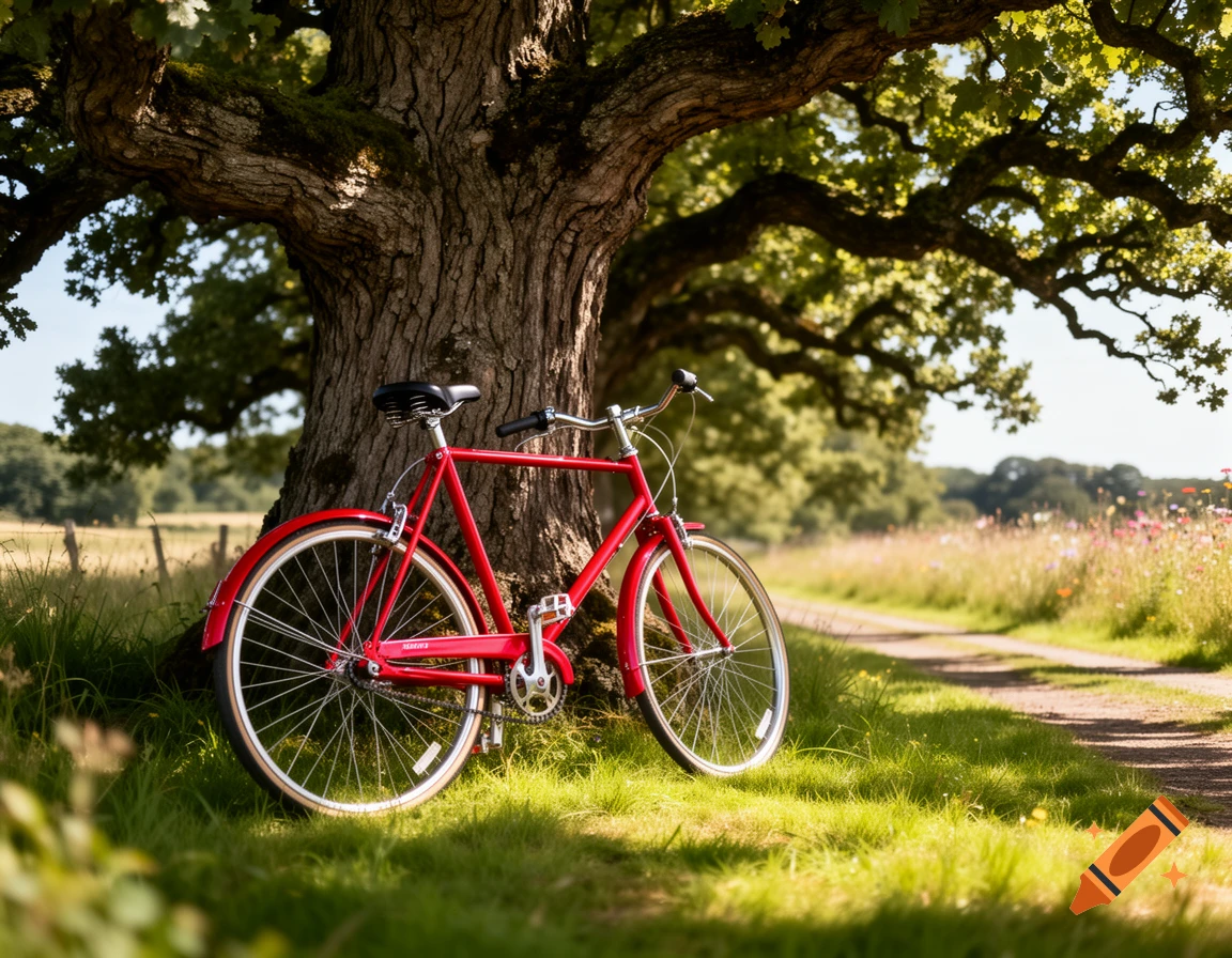 A bright red bicycle leans against the thick trunk of a large oak tree on a sunny afternoon in a green field with a dirt path.