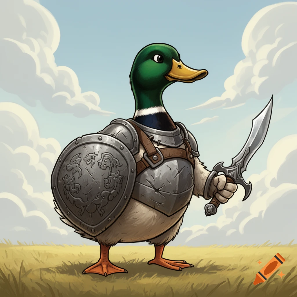 A cartoon mallard duck in plate armor, holding a shield and sword, stands in a grassy field under a cloudy sky.