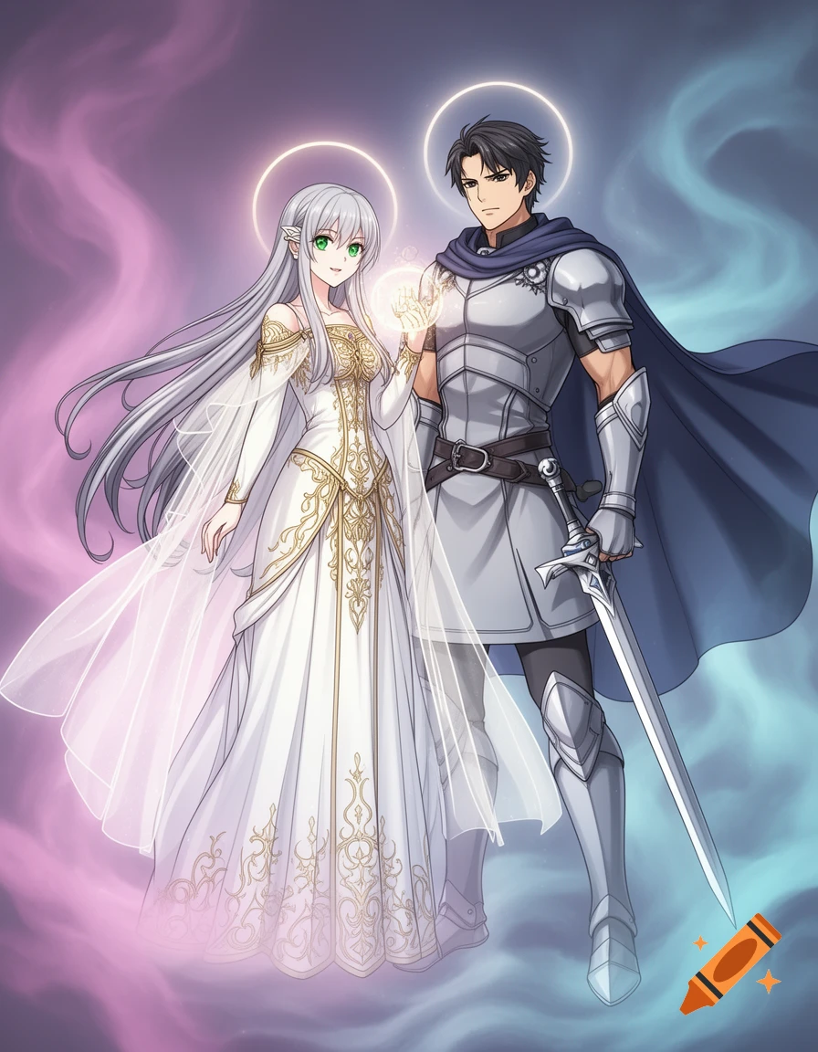 Anime fantasy illustration of a silver-haired woman in a white gown and a knight in armor, both with halos, against swirling magical mist.