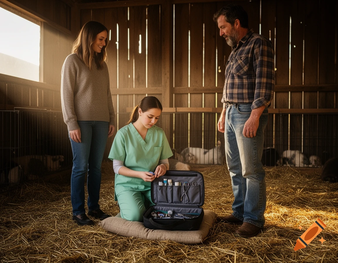 A young female vet kneels in a barn with straw, opening her medical bag, while a woman smiles down at her and a man stands nearby.