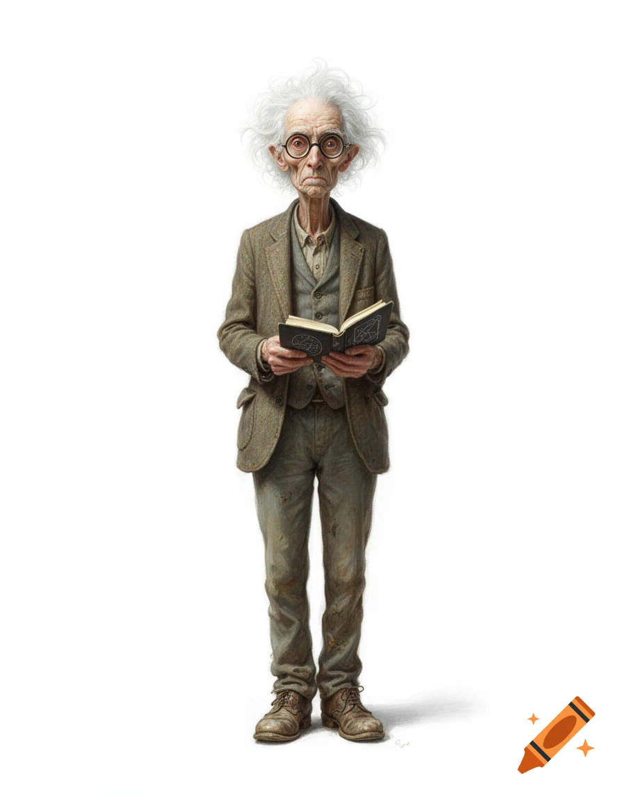 Full body portrait of an elderly, thin scholar with wild white hair, glasses, and a tweed suit, holding an open book of diagrams.