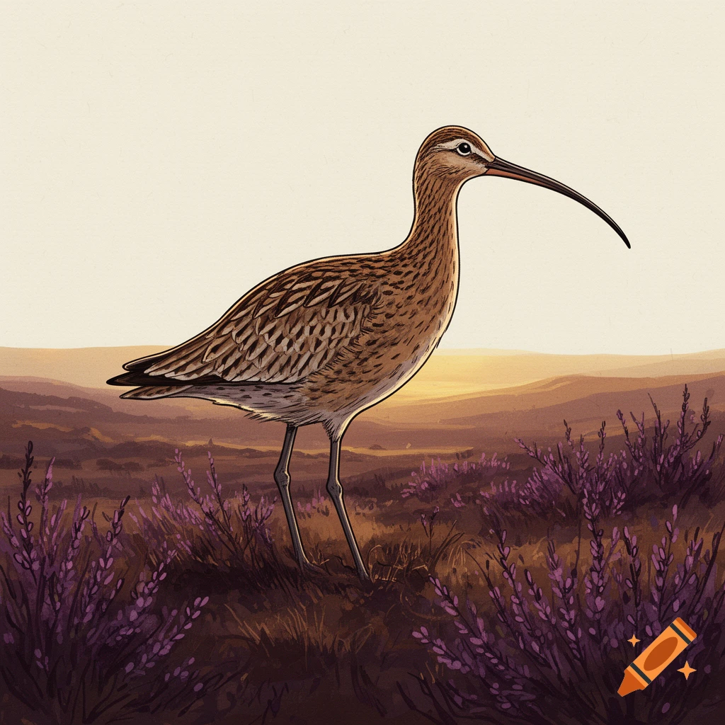 An editorial illustration of a brown Eurasian curlew with a long down-curved bill standing on a windswept British moor with purple heather at dawn.