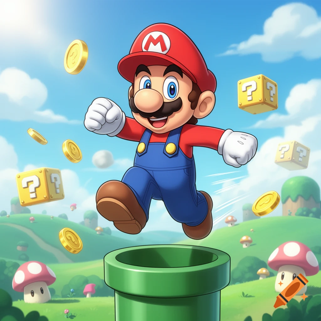 Mario jumps above a green pipe in a bright cartoon landscape with floating gold coins and question mark blocks.