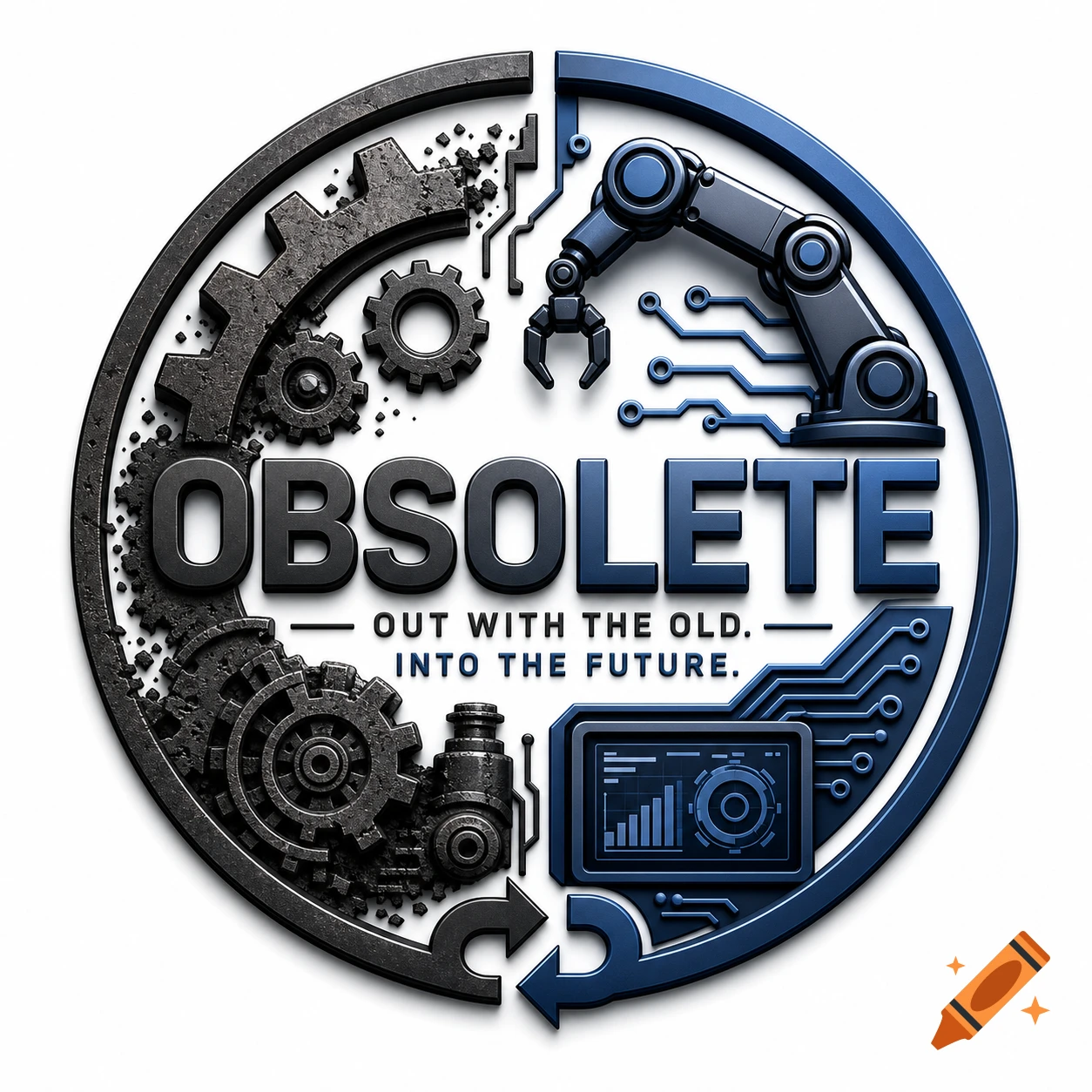 Circular 3D logo in black and blue, split into old (gears, OBSOLETE) and new (robotic arm, circuits, OUT WITH THE OLD. INTO THE FUTURE.)