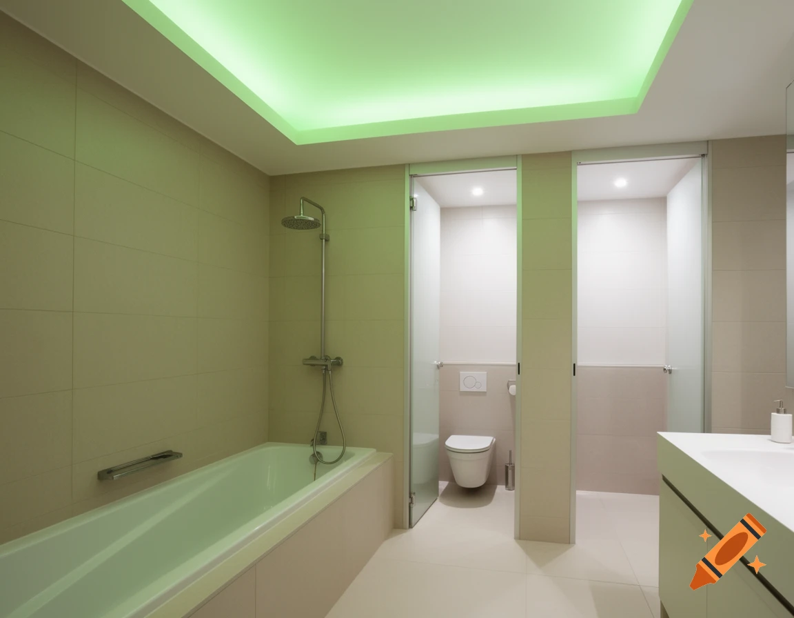 Modern bathroom with a bathtub, shower, toilet, and vanity, featuring beige tiles and green ceiling lighting.