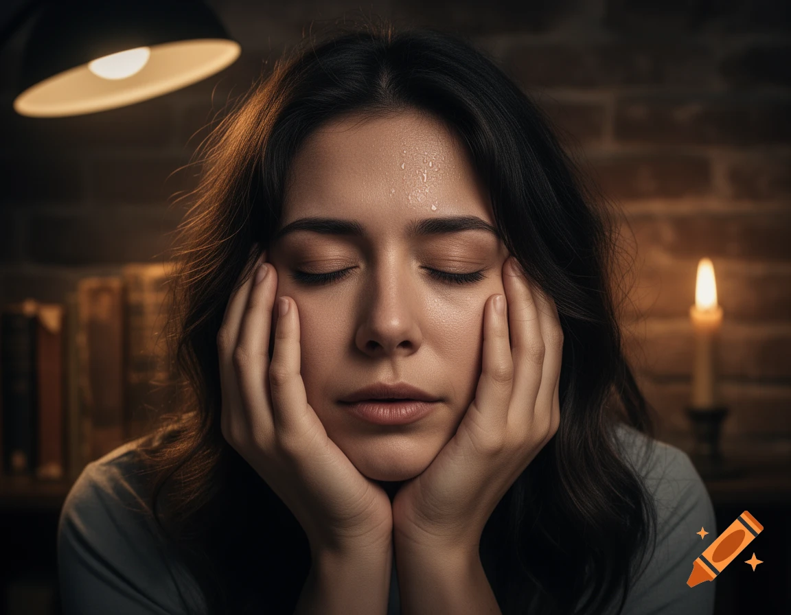 A woman with her eyes closed, hands supporting her chin, sweat on her forehead, looking tired in warm light.