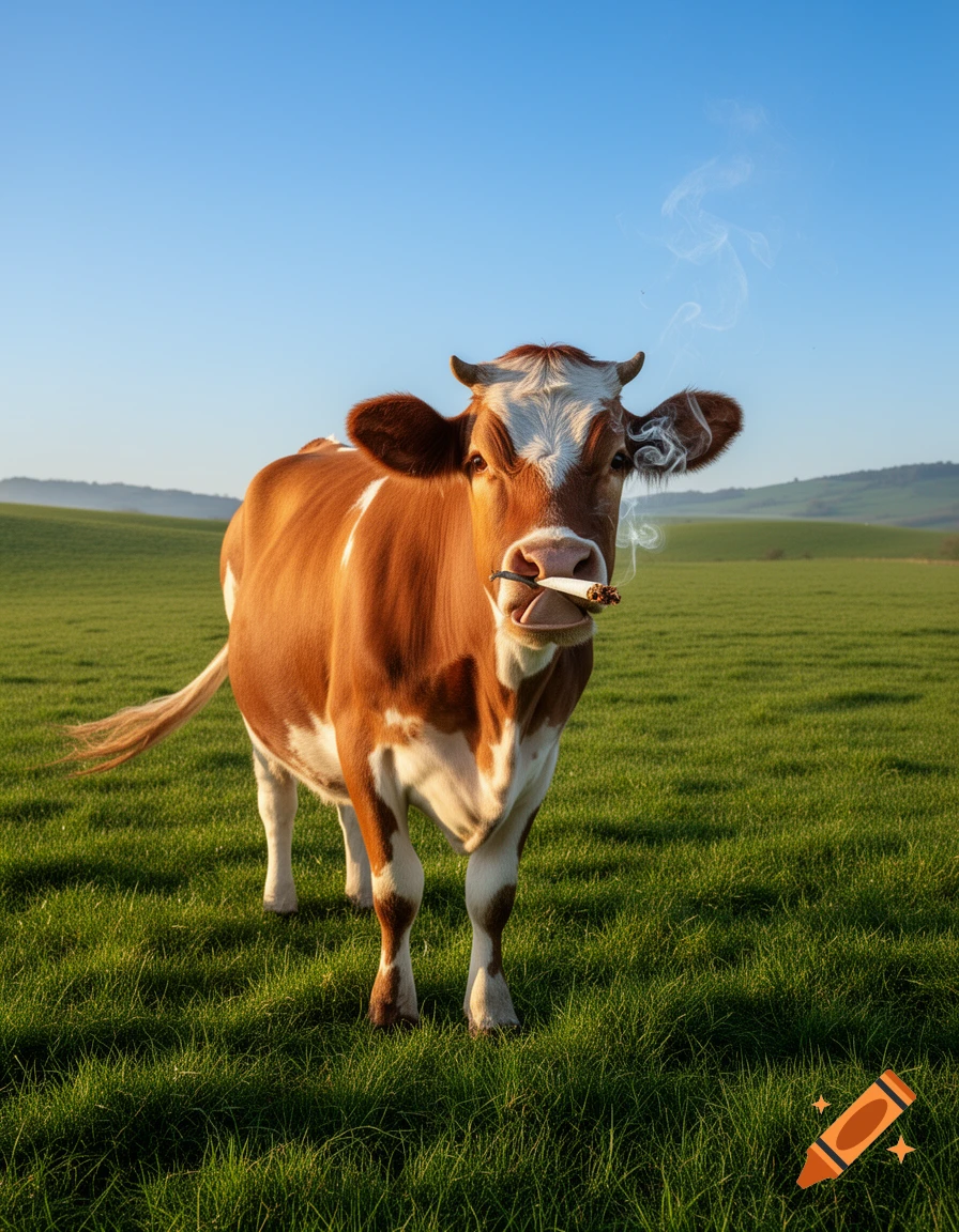 A photorealistic image of a brown and white cow standing in a vibrant green field under a clear blue sky, smoking a joint.