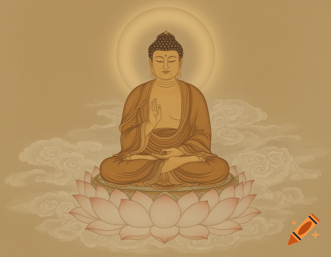Japanese painting of Amida Buddha meditating on a pink lotus flower with a glowing halo on a textured golden background.