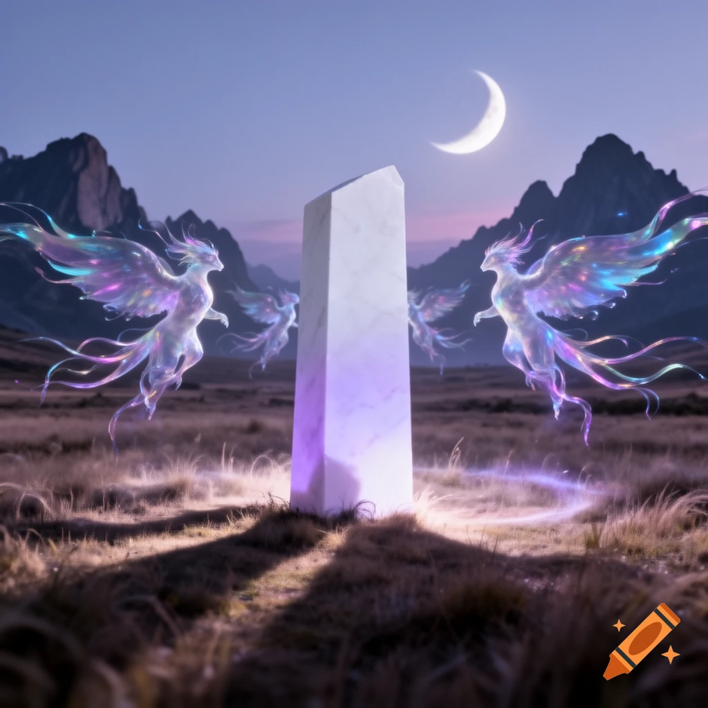 Ethereal winged creatures with iridescent wings float around a glowing white monolith in a field under a crescent moon at dusk.